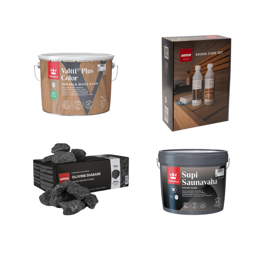 Pacote Básico de Manutenção da Sauna com baldes e produtos.