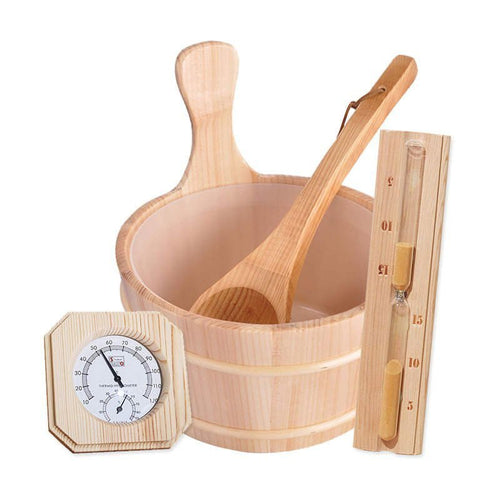 Conjunto de Acessórios Para Sauna com balde, concha e termômetro.