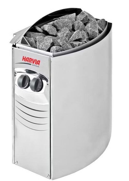 Aquecedor elétrico Harvia Vega com pedras visíveis.